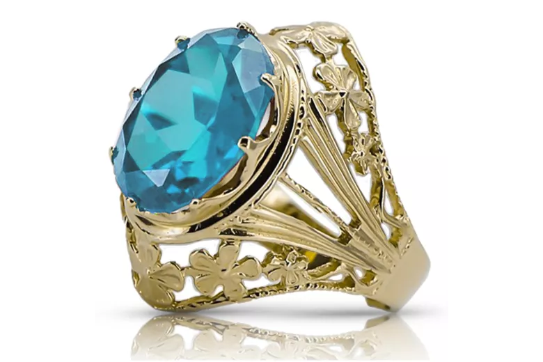 Aquamarine 8K жълто злато Пръстен Винтидж крафт vrc031x-aq Art Deco Руски стил СССР, съветски